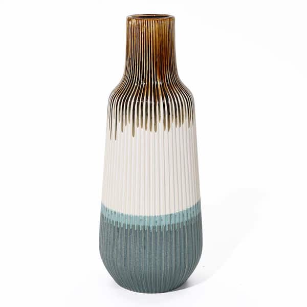 LuxenHome 15 in. H Earth Tones Ombre Stoneware Vase in Beige, Green and White