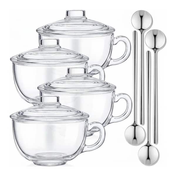 4 Piece Clear Glass Soup Bowl Set with Lids and Handles Microwave Safe with Stainless Steel Spoons for Kitchen