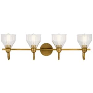 Avery 33.25 in. 4-Light Natural Brass Vintage Bathroom Vanity Light with Clear Seeded Glass