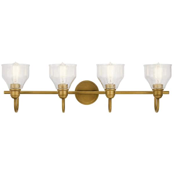 Avery 33.25 in. 4-Light Natural Brass Vintage Bathroom Vanity Light with Clear Seeded Glass