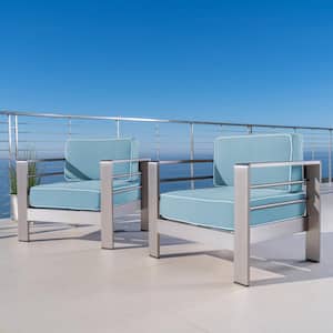 CapeCoral Silver Removable Cushions Aluminum Outdoor Lounge Chair with Light Teal and White Corded Cushions (2-Pack)