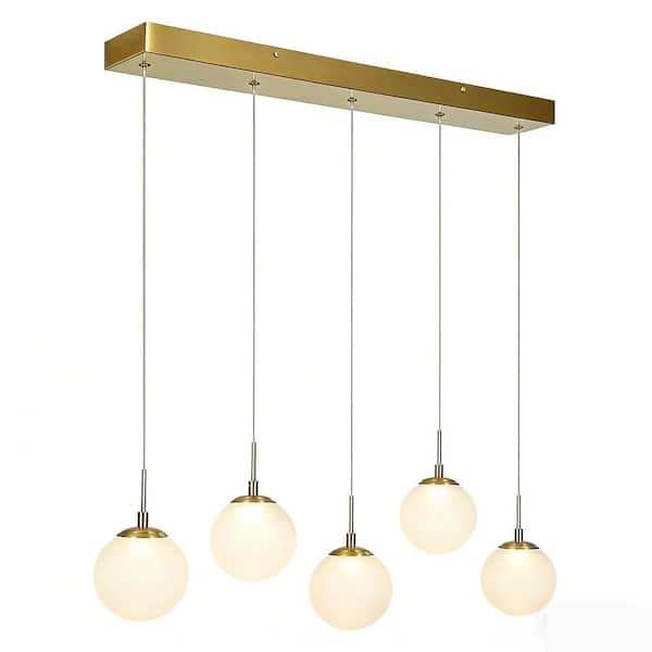5-Light Mid-Century Modern Brass Island Chandelier with Globe Frosted Glass, 28W LED Pendant Light for Dining Room