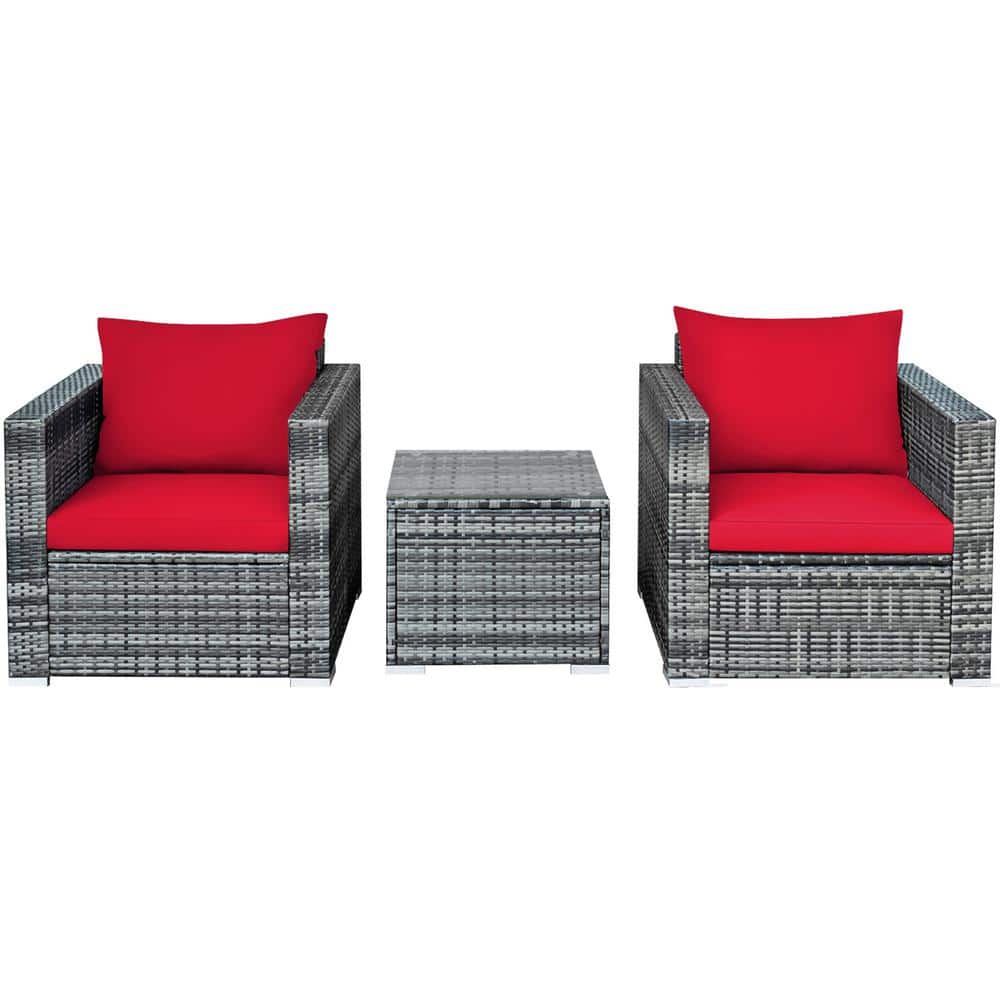 3-Piece Wicker Outdoor Sectional Sofa Conversation Set with Red Cushions price history on PriceWatchPro