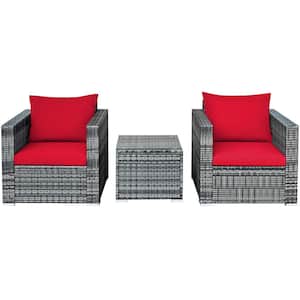 3-Piece Wicker Outdoor Sectional Sofa Conversation Set with Red Cushions