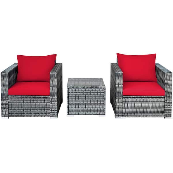 Gymax 3-Piece Wicker Outdoor Sectional Sofa Conversation Set with Red Cushions