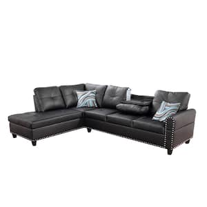 104 in. Round Arm 2-Piece Faux Leather L-Shaped Sectional Sofa in Black