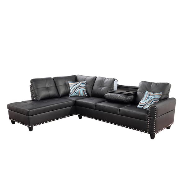 Star Home Living 104 in. Round Arm 2-Piece Faux Leather L-Shaped Sectional Sofa in Black