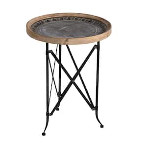 19 in. Brown and Black Round Wood end table with Metal Frame