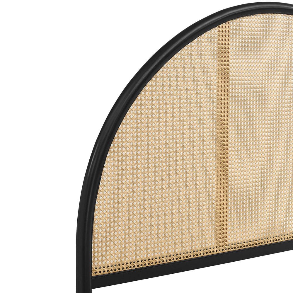 Black Queen Wood Frame Platform Bed with Arched Rattan Cane Headboard