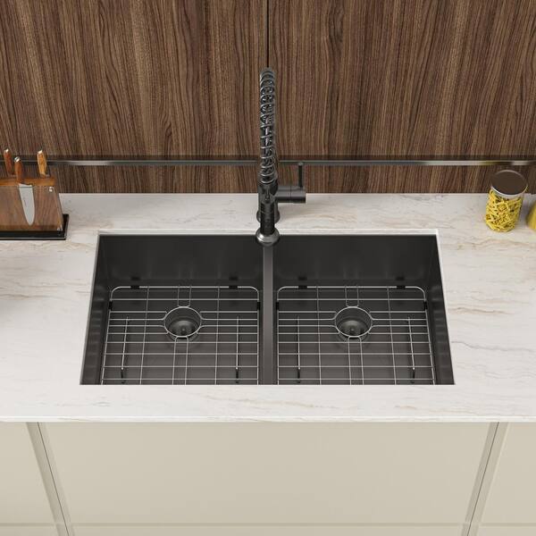 33 in. Undermount Double Bowl Gunmetal Black Stainless Steel Kitchen Sink with Rolling Drying Rack