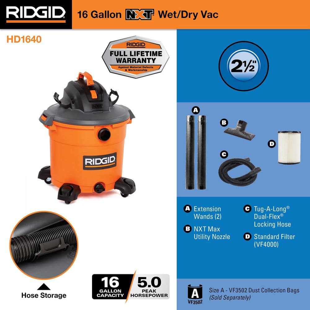 RIDGID 16 Gal. 5.0 Peak HP NXT Shop Vacuum Wet Dry Vac with General Debris Filter, Locking Hose and Attachments HD1640 HD1640