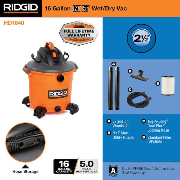 16 Gal. 5.0 Peak HP NXT Shop Vacuum Wet Dry Vac with General Debris Filter, Locking Hose and Attachments HD1640