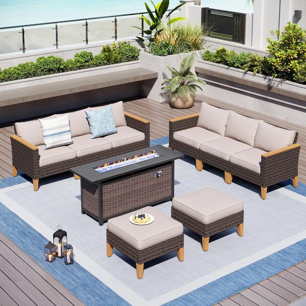 PHI VILLA Brown Rattan Wicker 8 Seat 9-Piece Steel Outdoor Patio Conversation Set with Beige Cushions,Rectangular Fire Pit Table