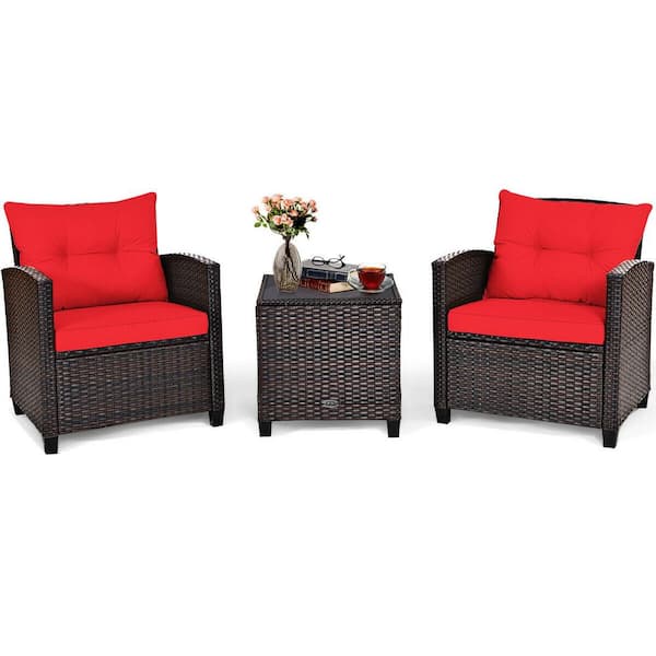Unbranded 3-Piece Wicker Patio Conversation Set with Red Cushion