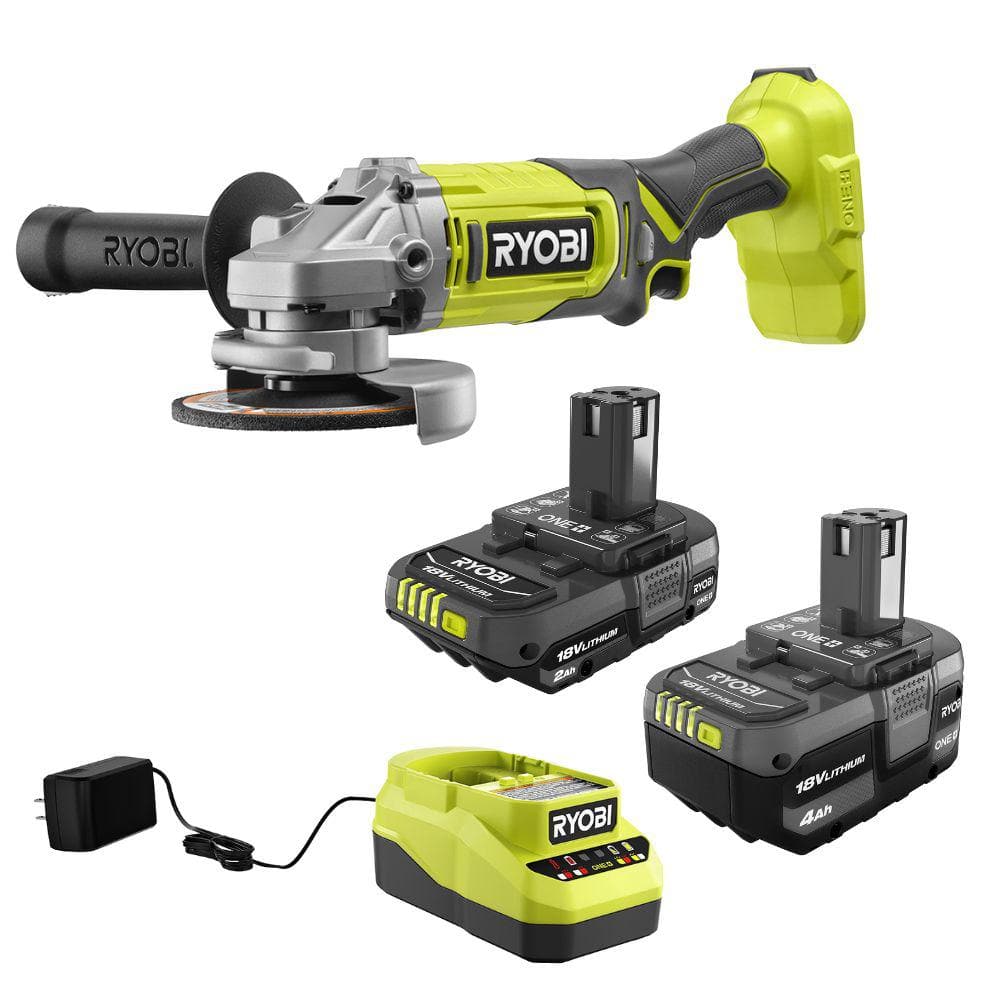 ONE+ 18V Lithium-Ion 4.0 Ah Battery, 2.0 Ah Battery, and Charger Kit with ONE+ Cordless 4-1/2 in. Angle Grinder -  RYOBI, PCL445PSK106