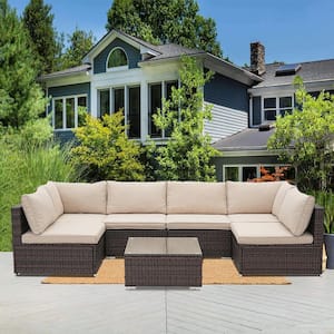 7-Piece Brown Wicker Outdoor Sectional Sofa Set Patio Conversation Set with Beige Cushions for Garden, Yard, Patio