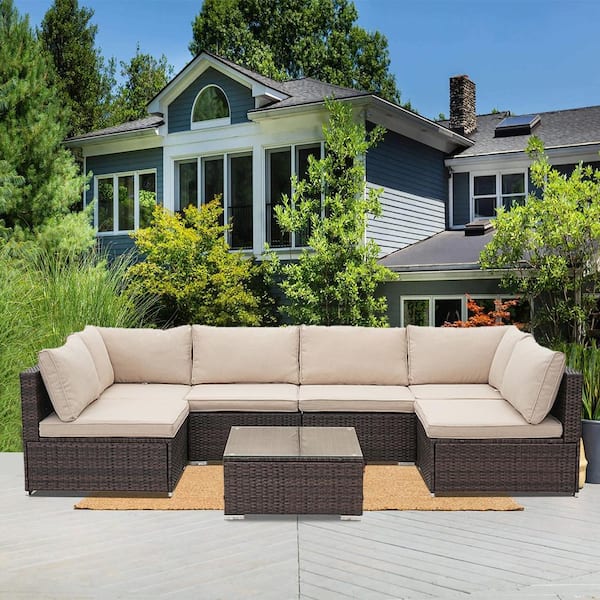 Cesicia 7-Piece Brown Wicker Outdoor Sectional Sofa Set Patio Conversation Set with Beige Cushions for Garden, Yard, Patio