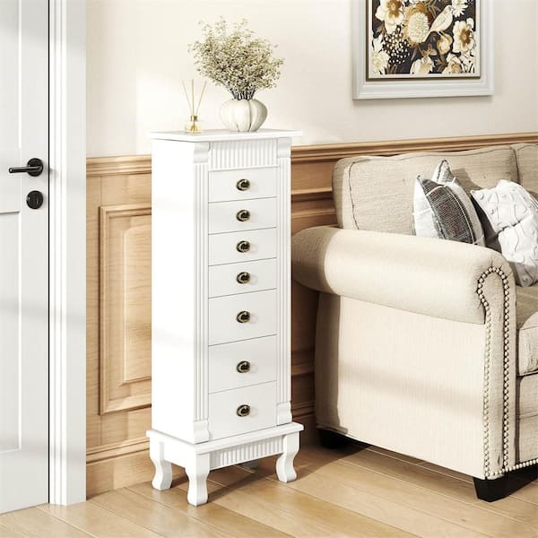 White Wood Free Standing 15 in. W Jewelry Armoire Box with Necklace Hooks, Storage Chest Stand Organizer Christmas