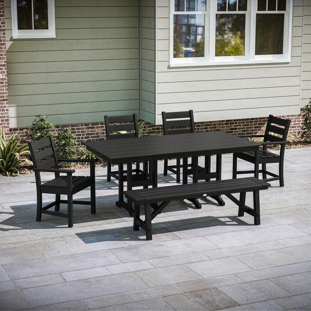 Grant Park 6-Piece Farmhouse Plastic Outdoor Dining Set with Bench in Black price history on PriceWatchPro