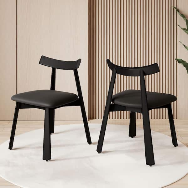 Black Microfiber Leather Dining Chair (Set of 2), Upholstered Side Chairs with Wood Legs for Dining Room