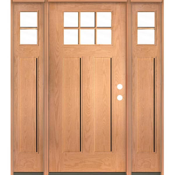 PINNACLE Craftsman 64 in. x 80 in. 6-Lite Left-Hand/Inswing Clear Glass Teak Stain Fiberglass Prehung Front Door w/DSL