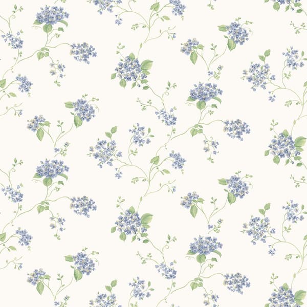 Unbranded Miniatures 3 Indigo/Green/White Lilac Floral Trail Matte Finish Non-Pasted Vinyl on Non-Woven Wallpaper Roll