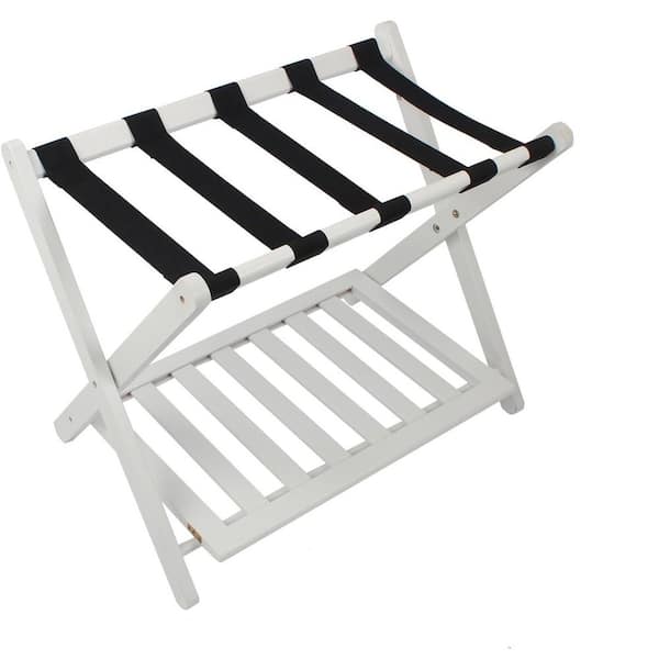 Fully Assembled White Bamboo Luggage Rack with Shoe Shelf, Folding Suitcase Stand with 5 Heavy-Duty Straps