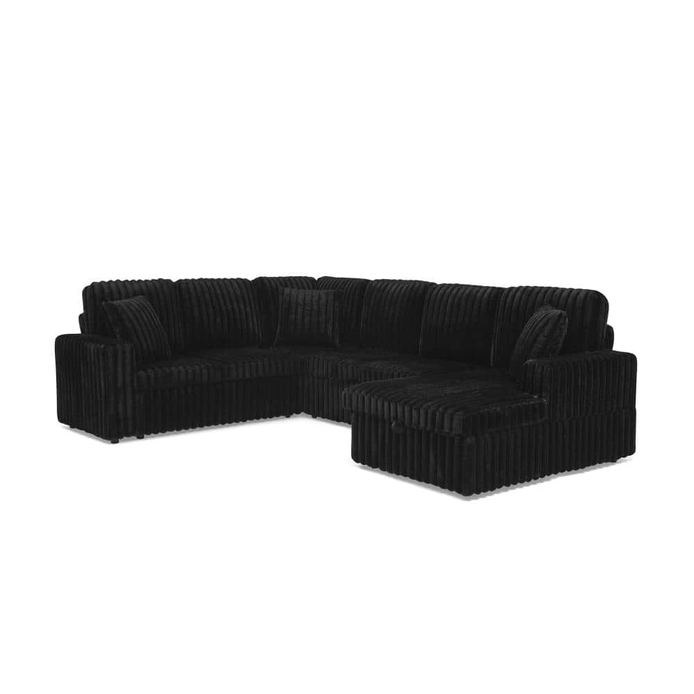 114 in. U-Shape 6-piece Corduroy with Pull-Out Bed & Storage Chaise Sectional Sofa in Black