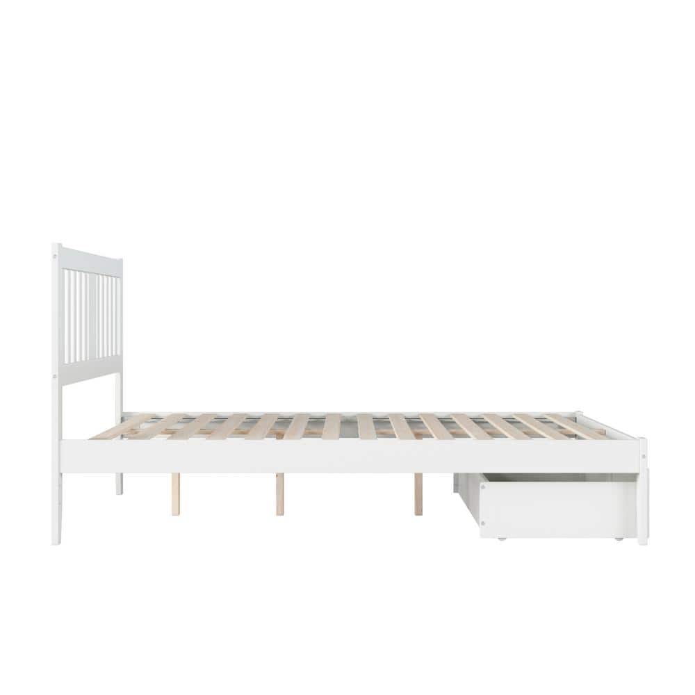 White Queen Wood Platform Bed with Storage Drawer and USB Charger