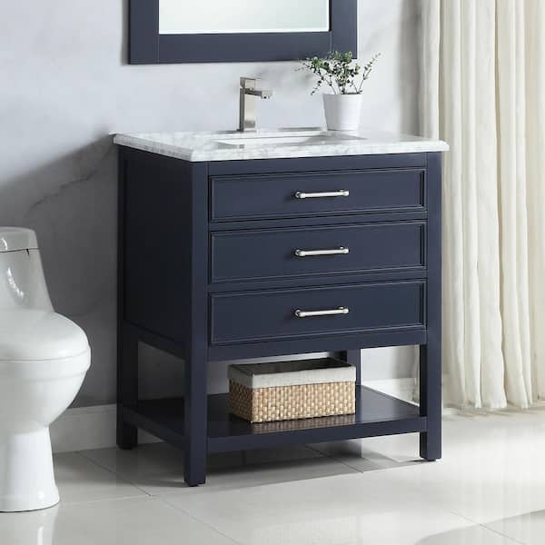 Smania 30 in. W x 22 in. D x 35.63 in. H Single-Sink Freestanding Bath Vanity in Marine Blue with Carrara Marble Top