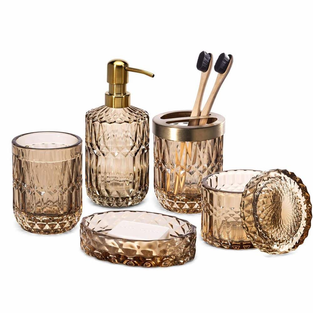 6-Piece Clear Glass Bathroom Countertop Accessory Set with Soap Dispenser and Cotton Swab Jar price history on PriceWatchPro