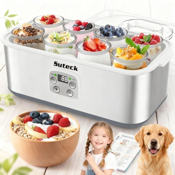 48 oz. (1.5 qt. ) LCD Display Yogurt Maker Machine with 8 Glass Jars with Adjustable Time and Temp Control in Silver