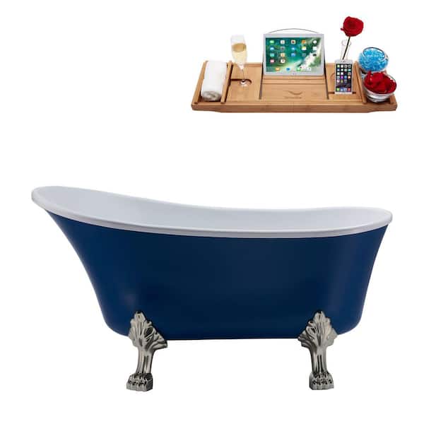 Streamline 55 in. Acrylic Clawfoot Non-Whirlpool Bathtub in Matte Dark Blue With Brushed Nickel Clawfeet And Brushed Nickel Drain