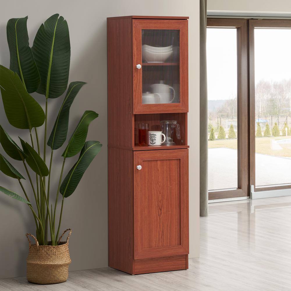 Cherry Tall Slim Kitchen Pantry with Open Shelves and Enclosed Storage