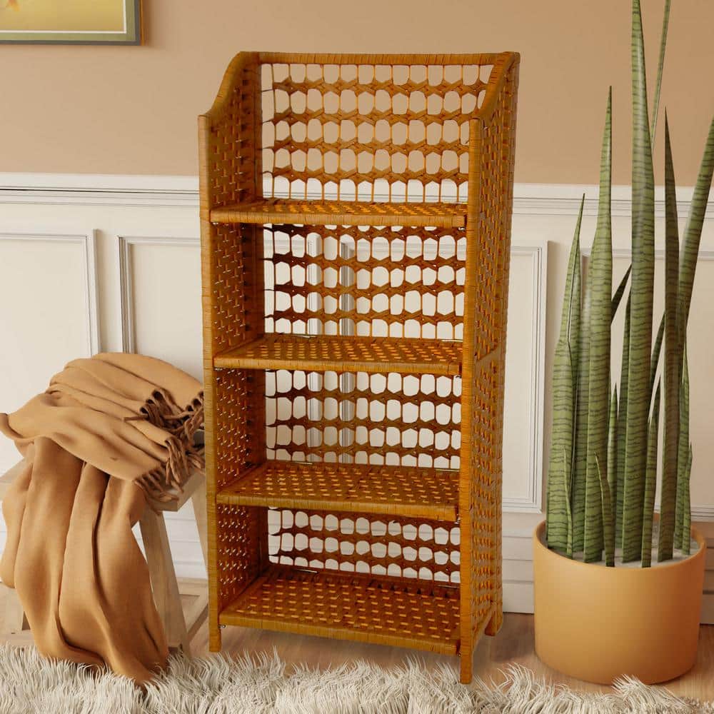 Honey Spruce 43" Rattan Style 4-Shelf Bookcase