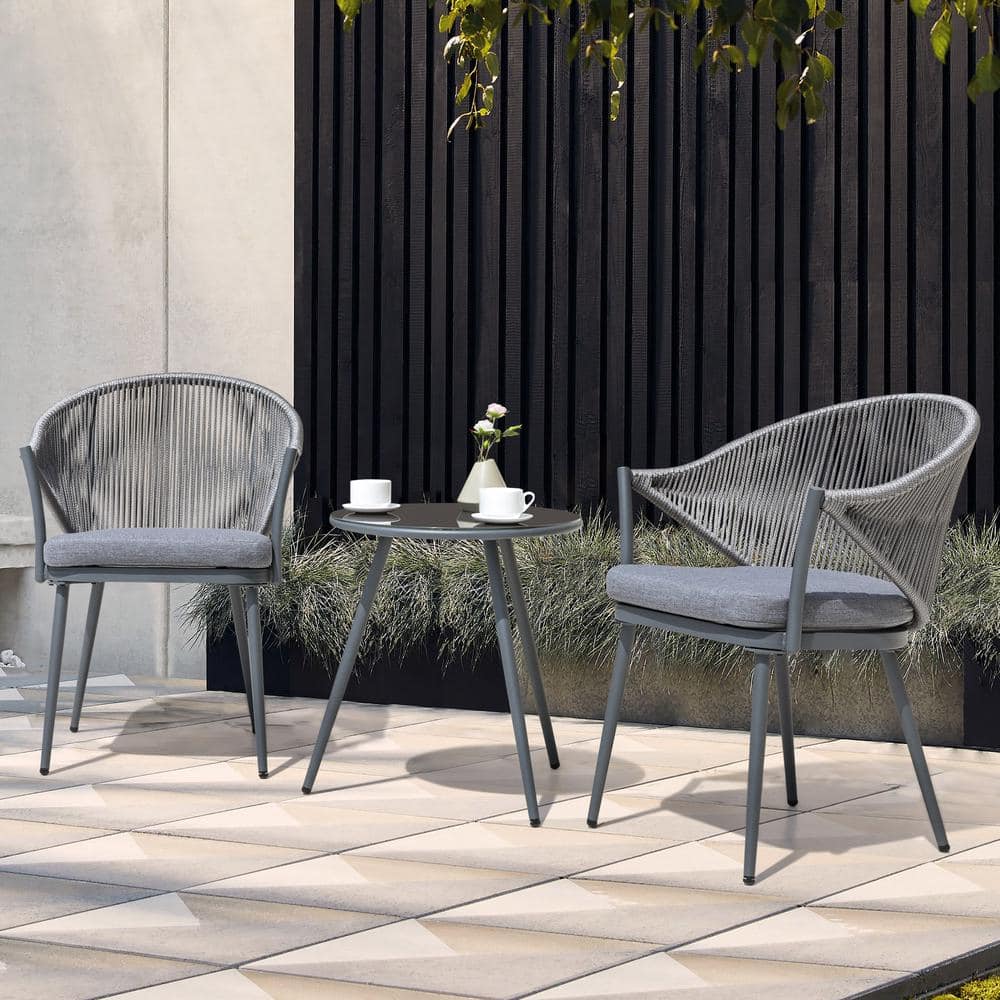 Gray Aluminum Rope Dining Chairs with Cushions, Set of 2