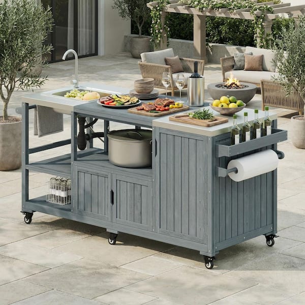 Runesay Farmhouse Gray Blue Steel 75.4 in. Rolling Outdoor Kitchen