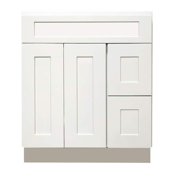 Plywell Ready to Assemble Shaker 36 in. W x 21 in. D x 34.5 in. H Vanity Cabinet with 2 Doors and Right Drawers in White