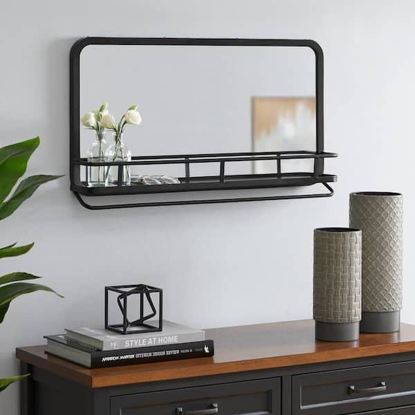 Home Decorators Collection Medium Modern Rectangular Black Framed Mirror with Shelf (30 in. W x 16 in. H)