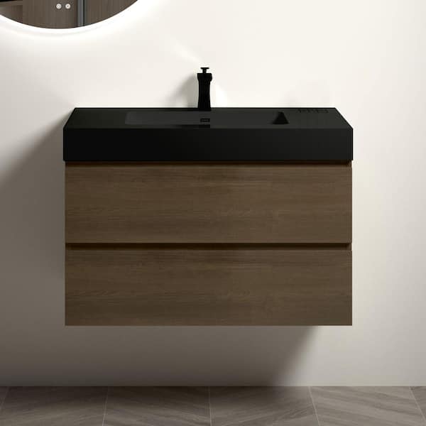 Staykiwi 36 in. W x 18 in. D x 25.2 in. H Single Sink Wall-Mounted Bath Vanity in Dark Oak with Black Solid Surface Top
