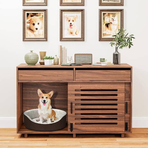FUFU&GAGA Dog Crate Furniture for Two Dogs, Heavy-Duty Wooden Dog Kennel with Double Slide Doors, End Table Dog House Crates