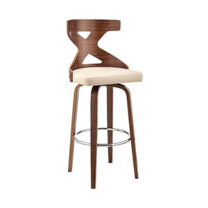 40 in. Cream and Brown Metal Framed Swivel Barstool with Curved Wooden x Back
