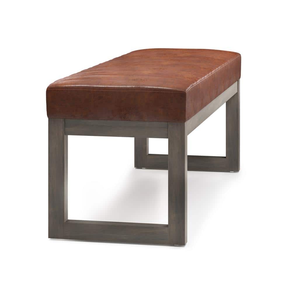 Distressed Saddle Brown Tufted Faux Leather Footstool Ottoman
