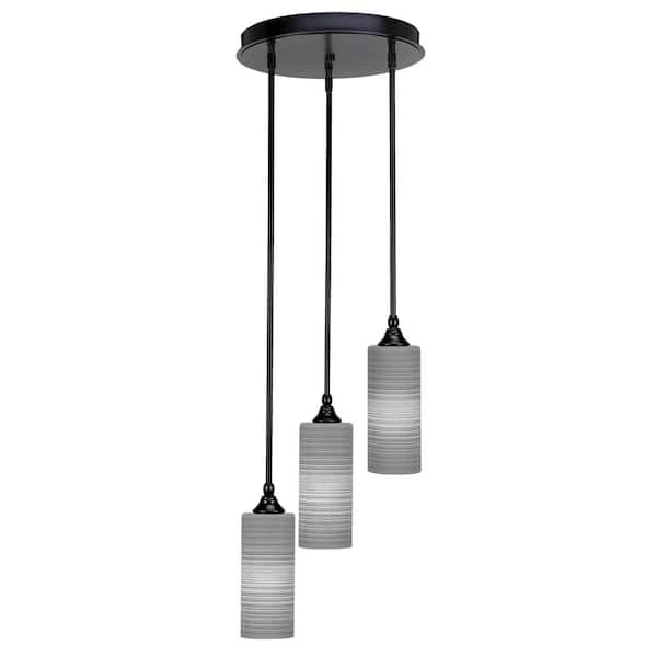 Unbranded Villa 60-Watt in. 3 Light Matte Black Stem Pendant Light with 4 in. Gray Matrix Glass Shade, No bulbs included