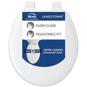 Jamestown Round Never Loosens Enameled Wood Closed Front Toilet Seat in White with Adjustability and Soft Close