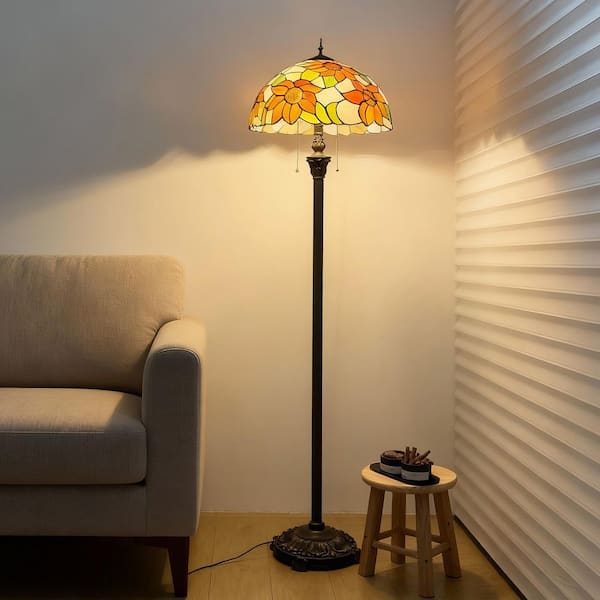 64 in. Tiffany Style Bronze Finish 2-Light Standard Floor Lamp with Multi-Colored Sunflower Stained Glass Lamp Shade