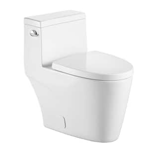 12 in. Rough-in 1-Piece 1.28/1.1 GPF Single Flush Elongated Toilet in Glossy White Soft-Close Seat Included