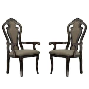 Walnut Brown Fabric Arm Chair with Fiddle Backrest and Wood Frame (Set Of 2)