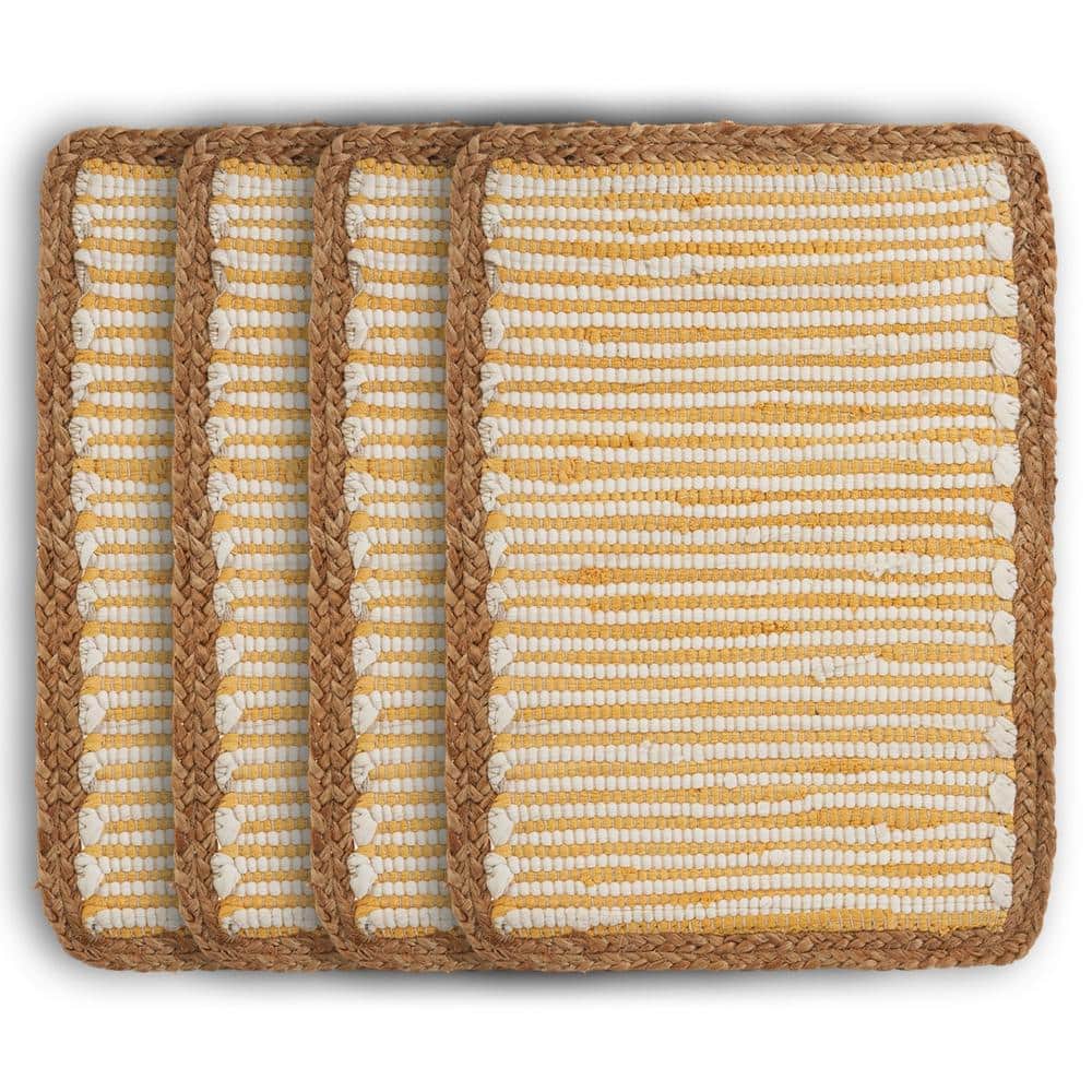 Sunny Day 13 in. x 19 in. White / Yellow Striped Jute Border Cotton Placema