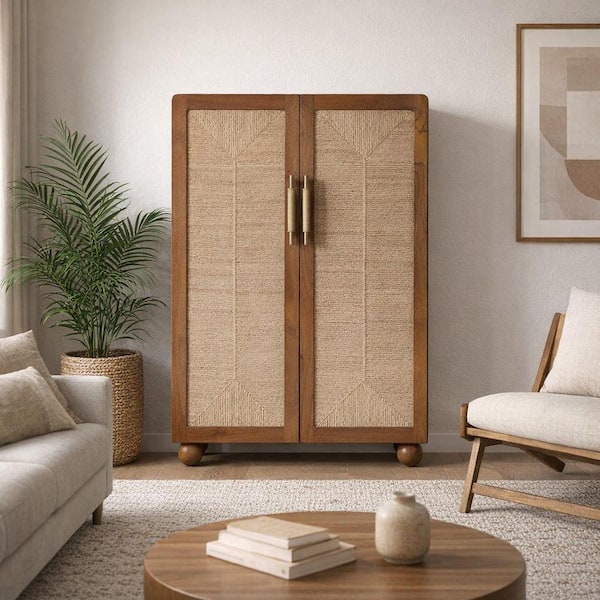 Liv & Skye Brown Acacia Wood 40 in. Armoire with Woven Panel Doors